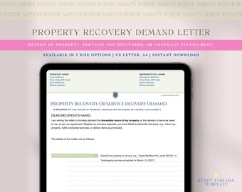 Property Recovery Demand Letter,Service Delivery Letter Template,Editable Legal Demand,Return of Property Letter,Contract Fulfillment Notice