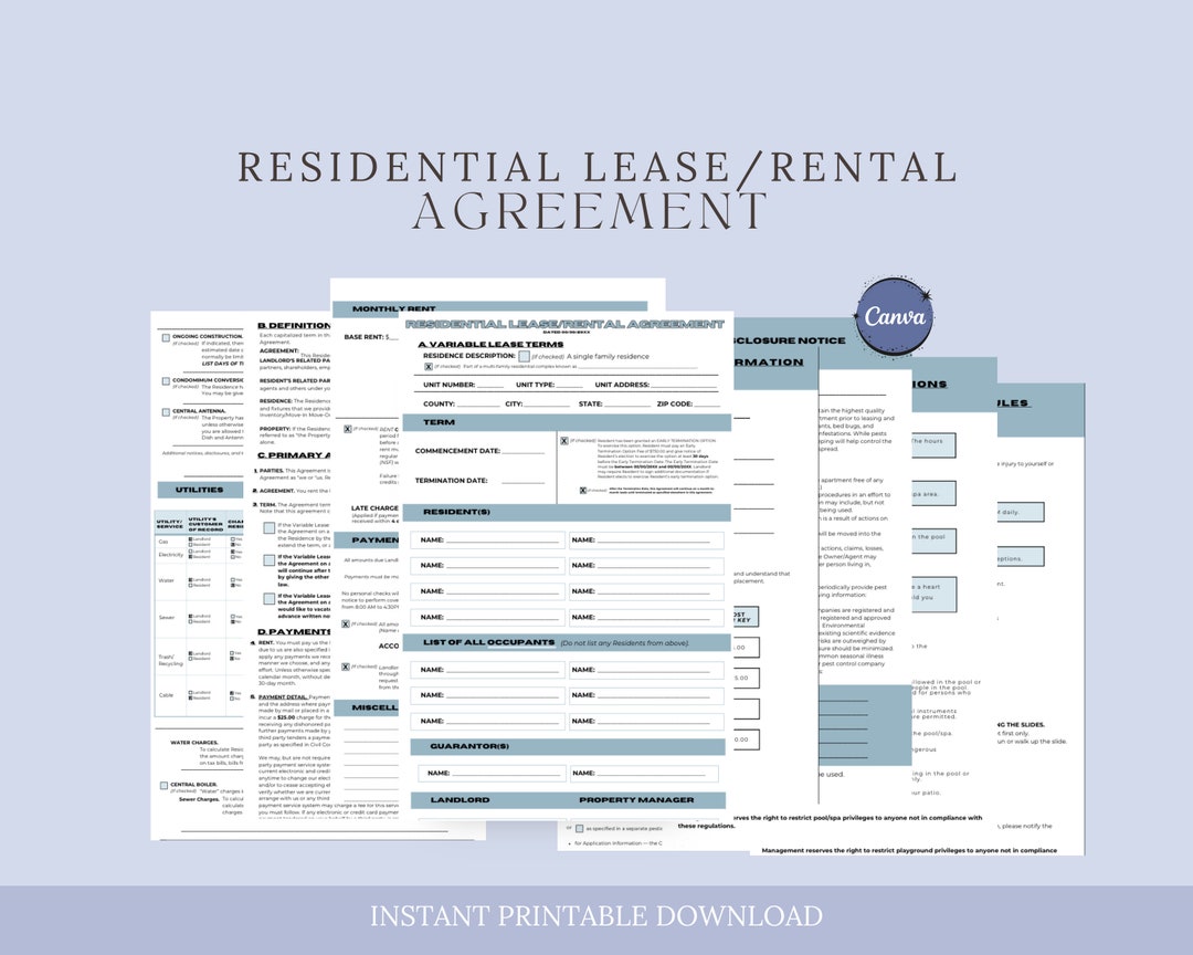 Editable Residential Lease,rental Agreement,printable Rental Agreement ...