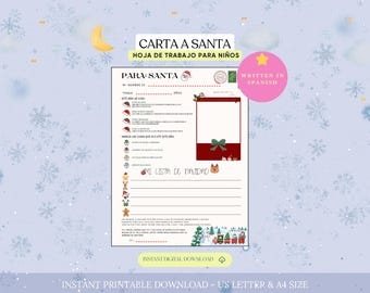 Spanish Santa Letter Template, Carta a Santa en Español, Christmas Wish List PDF, Carta para Santa Claus, Hoja de Deseos Navidad Niños