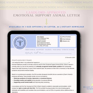 Plantilla de carta para animales de apoyo emocional aprobados por el propietario, documentación ESA personalizable para inquilinos, animal de servicio aprobado por el propietario