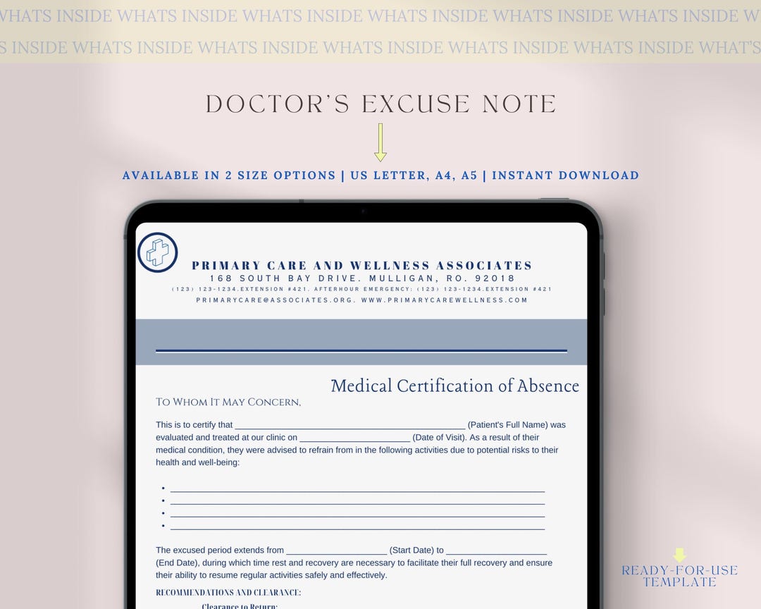 Doctor's Excuse Note Template,doctor's Excuse Letter,editable Doctor ...