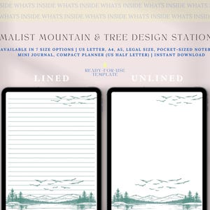 Puede incluir: Una plantilla de papelería digital imprimible con un diseño minimalista de montaña y árbol. La plantilla está disponible en versiones con líneas y sin líneas. El texto "READY-FOR-USE TEMPLATE" se muestra encima del diseño.