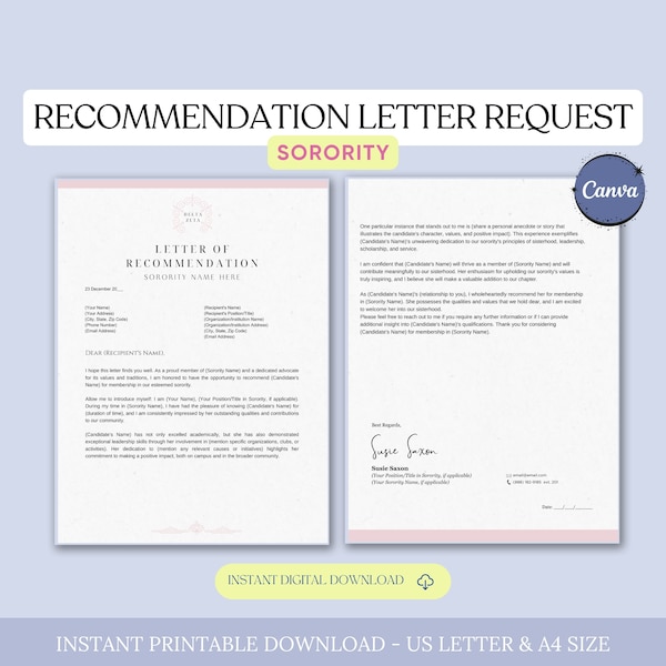 Sorority Letter of Recommendation Template, Greek Life Reference, Sorority Membership, Sorority  Recruitment, Rush Week Recruitment, Canva