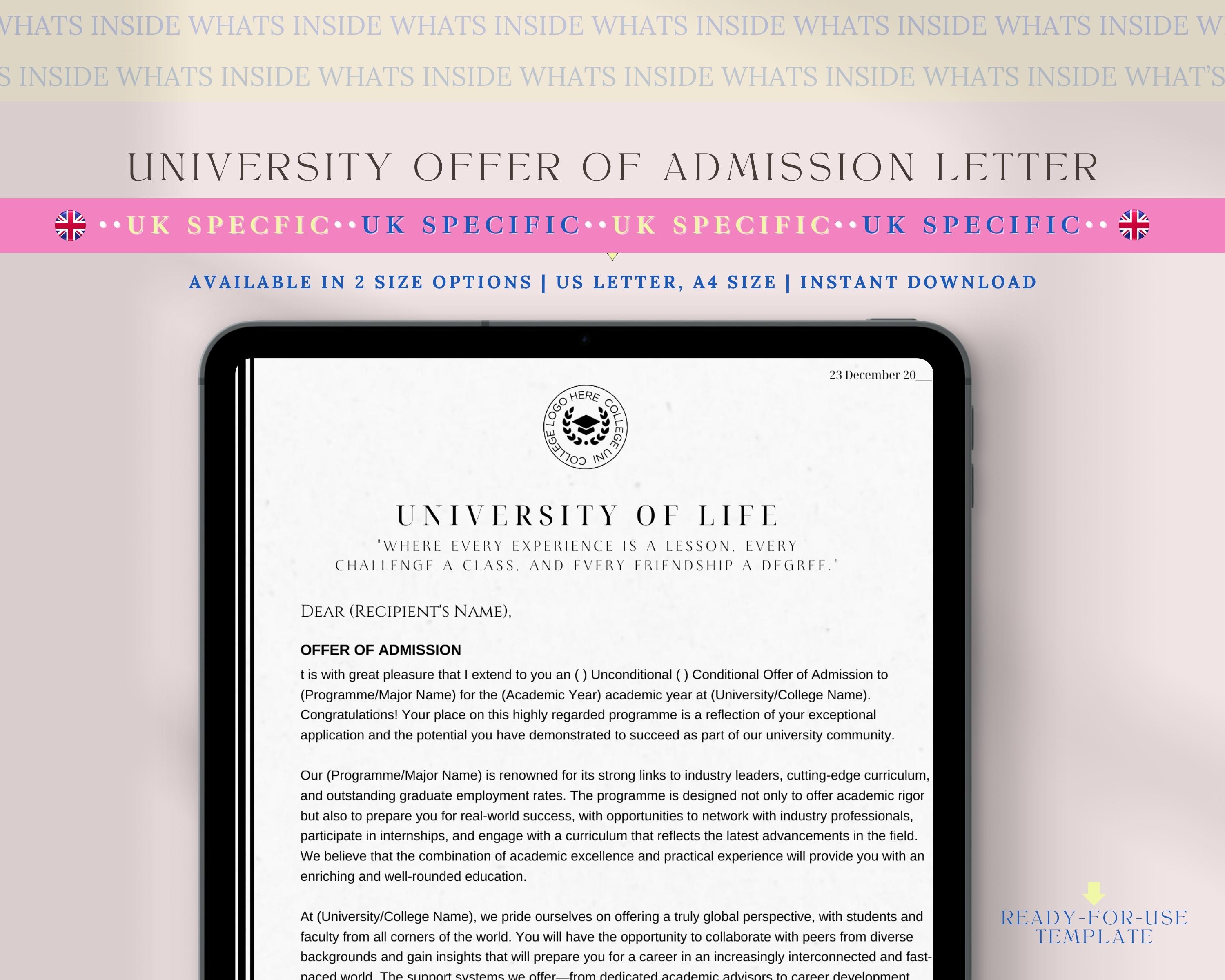 University Admission Offer Letter Template (uk-specific, Extended ...