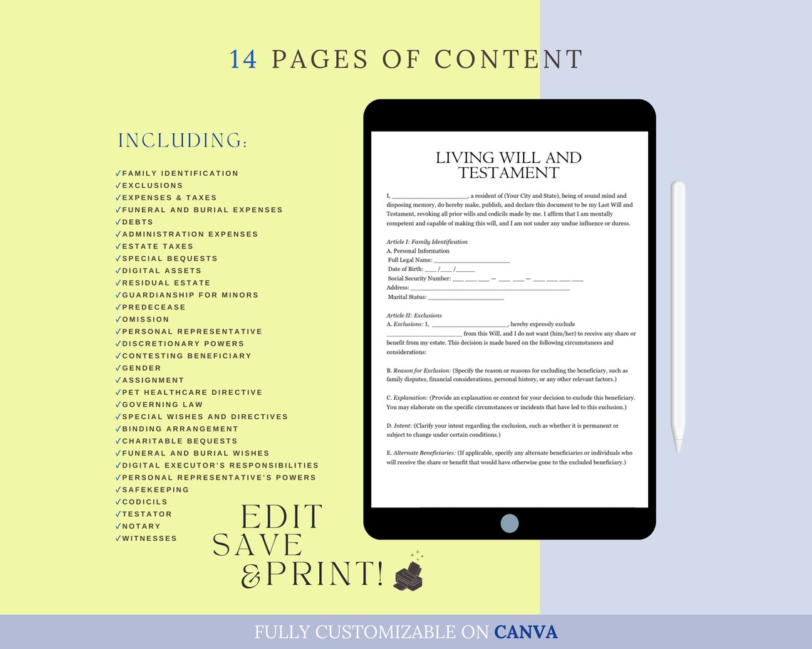 Living Will and Testament, Last Will and Testament Template, Last Will and Testament Form, Last ...
