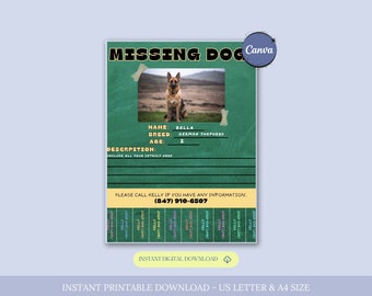 Plantilla de volante de perro perdido, cartel de perro perdido, cartel de mascota perdida editable, señal de búsqueda de perro perdido, alerta de perro perdido, cartel de recompensa de perro perdido, Canva