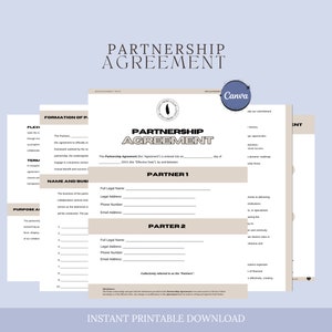 May include: A printable partnership agreement template with the title "Partnership Agreement" in a brown rectangle. The template includes sections for the formation of the partnership, names and business details, and partner information. The document is designed for two partners.