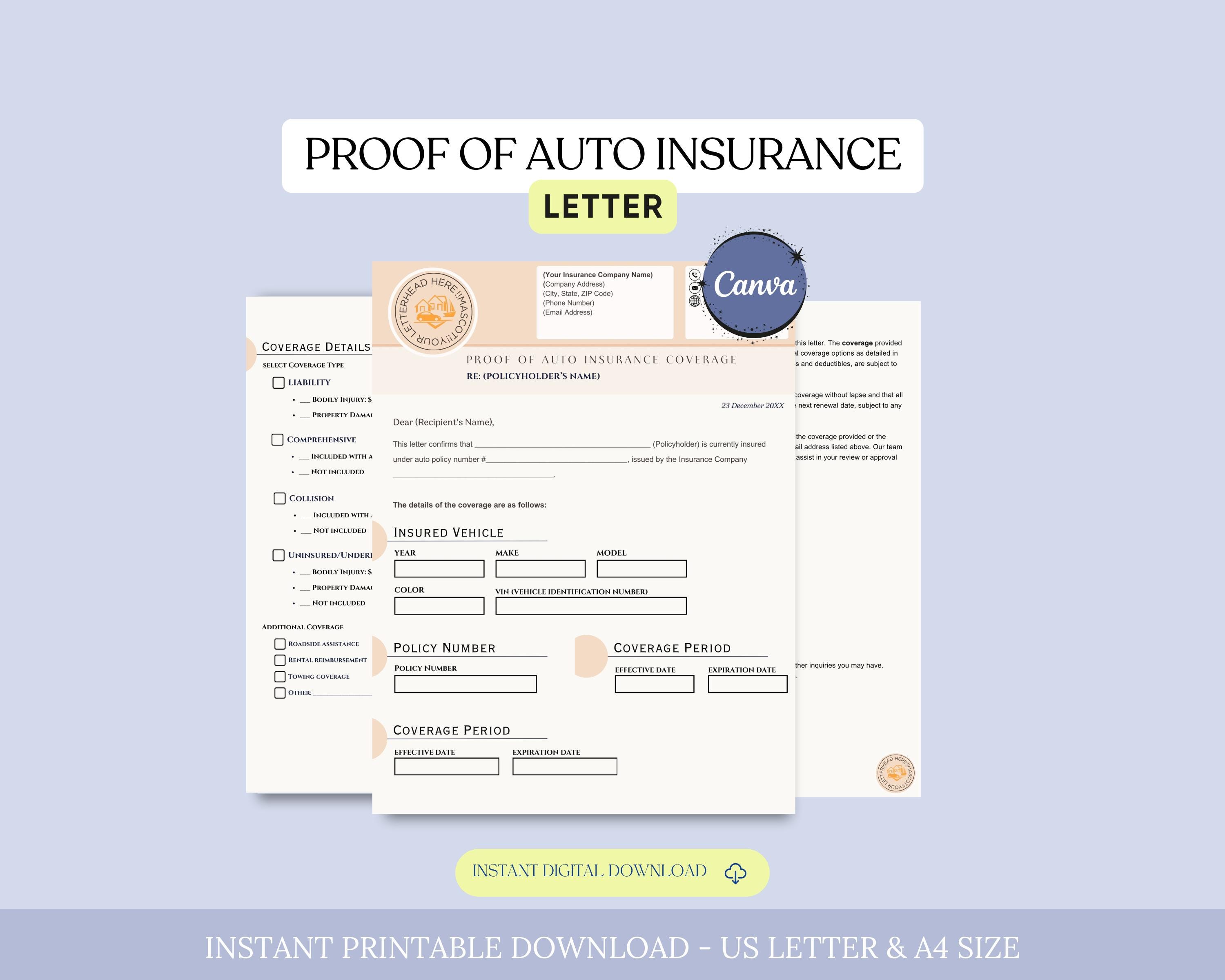 Proof of Auto Insurance Letter Template, Proof of Car Insurance Letter, Vehicle Insurance Verification Proof, Insurance Coverage Details