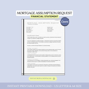 May include: A digital download of a mortgage assumption request financial statement. The document is white with black text and a Canva logo. The text includes "Dear Recipient's Name" and "Instant Digital Download". The document is available in US Letter and A4 sizes.