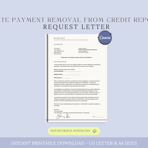 Request for Late Payment Removal from Credit Report Letter Template, Late Payment Removal Letter, Credit Dispute Letter,Improve Credit Score
