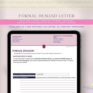 Plantilla de carta de requerimiento formal para demandas de pago, recuperación de bienes, ejecución de contratos y notificaciones de cese y desistimiento. Carta de requerimiento legal, Canva.