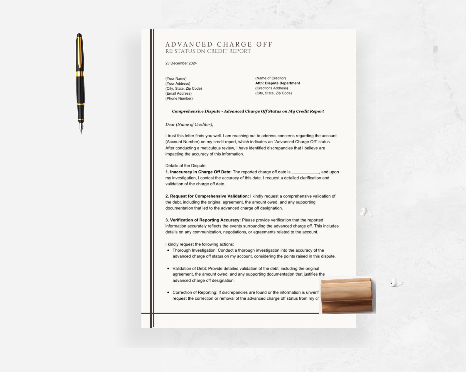 Advanced Charge off Status on Credit Report Letter Template, Fix My