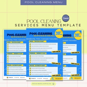Może przedstawiać: Szablon menu do druku w kolorze niebieskim i żółtym dla usług czyszczenia basenów. Menu zawiera trzy różne pakiety usług: Basic - Crystal Clear, Premium - Serenity Plus i Deluxe - Ultimate Oasis. Każdy pakiet zawiera listę usług i cenę. Menu zawiera również dane kontaktowe i logo firmy West Coast Aquatics.
