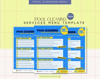May include: A blue and yellow printable menu template for pool cleaning services. The menu lists three different service packages: Basic - Crystal Clear, Premium - Serenity Plus, and Deluxe - Ultimate Oasis. Each package includes a list of services and a price. The menu also includes contact information and a logo for West Coast Aquatics.