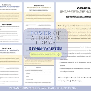 Power of Attorney Forms Pack, General POA, POA Form, Springing POA, Power of Attorney, Medical poa, Financial poa, Durable Power of Attorney