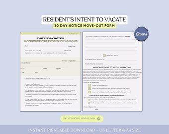 30 Day Notice of Resident's Intent to Vacate, Lease Termination Form, Tenant's Notice to Vacate, Tenant's Notice of Intent to Vacate, Canva
