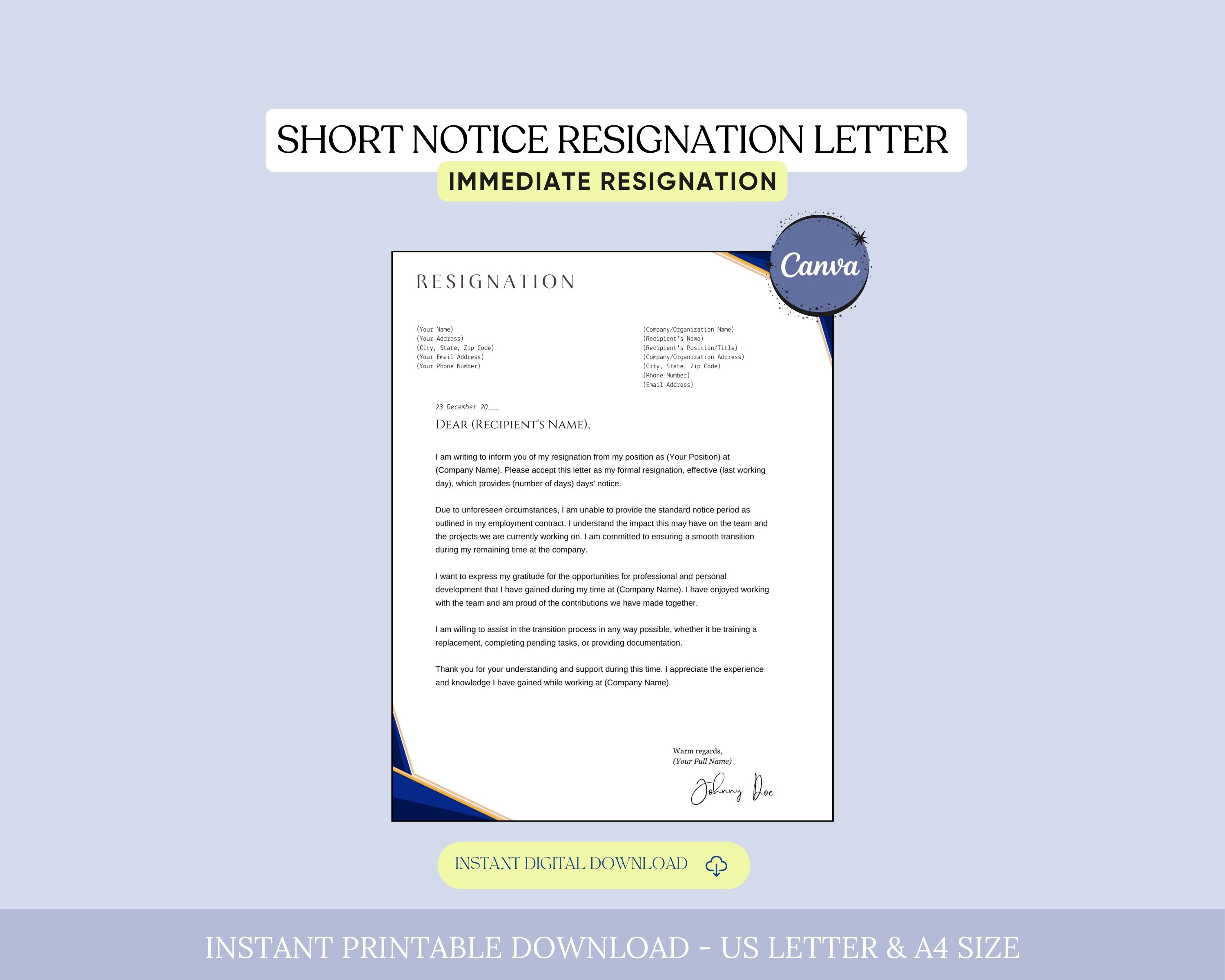 Short Notice Resignation Letter, Under 2 Weeks Notice, Professional Resignation, Leaving My Job, Work Goodbye Letter,Immediate Resignation