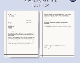 2 Weeks Notice, Resignation Letter, Resignation Letter Template,Short Formal 2 Weeks' Notice Document, Life Situation, Career Specific,Canva