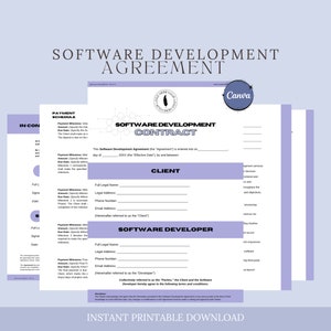 Pode incluir: Um modelo de contrato de desenvolvimento de software imprimível com o título "Contrato de desenvolvimento de software" em negrito preto. O contrato é dividido em duas seções: "Cliente" e "Desenvolvedor de software". O modelo inclui campos para o nome legal completo, o número de telefone, o endereço de e-mail e a assinatura.