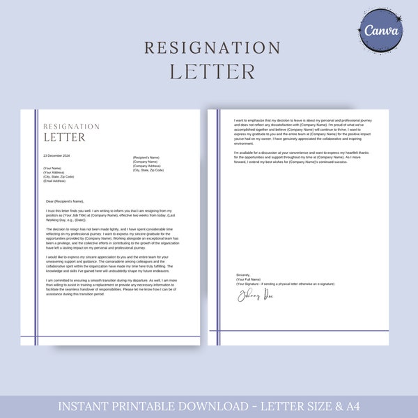 Resignation Letter Template, Professional Resignation Letter, 2 Weeks Notice Letter, Job Resignation Letter, Leaving Workplace, Quitting Job