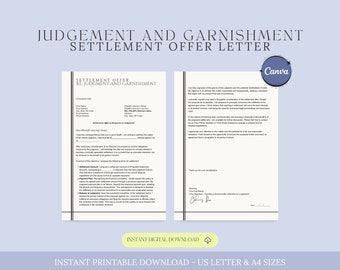 Puede incluir: Una plantilla de documento legal imprimible para una carta de oferta de acuerdo en relación con un juicio y un embargo. El documento incluye una sección para la información del demandante, una sección para la información del demandado y una sección para la oferta de acuerdo.