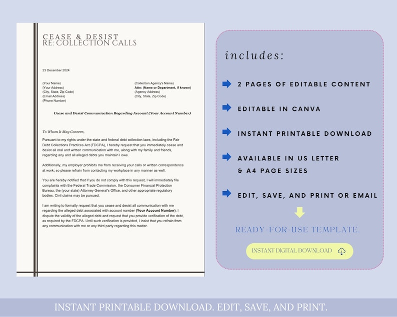 Cease and Desist Letter to Stop Collection Calls Letter Template, Debt ...