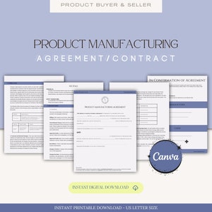 May include: A printable product manufacturing agreement contract template in US letter size. The document includes sections for product details, pricing, payment terms, and more. The document is designed for use by both buyers and sellers.
