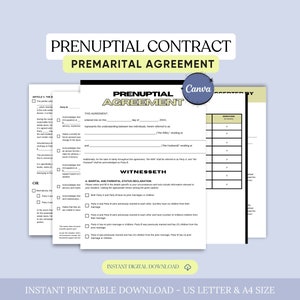 Prenuptial Agreement Template, Antenuptial Agreement, Editable Prenup Agreement, Premarital Agreement, Domestic Contract, Canva Template