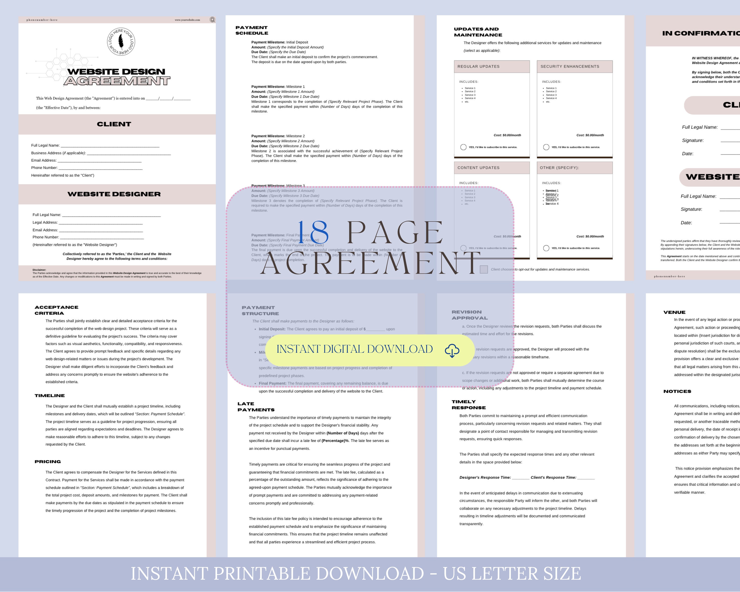 Web Design Contract Example Editable Web Design Contract Template, Freelance Website Designer ...