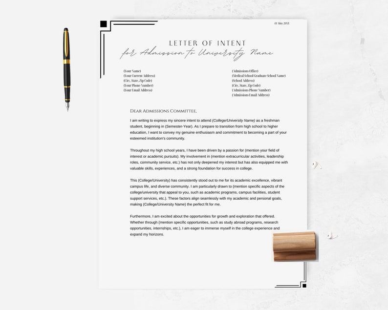 Letter of Intent for Admission to University for Freshman, College