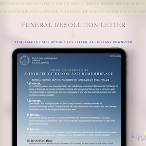 Carta de resolución de funeral editable para un servicio funerario. Poema funerario de la iglesia incluido. Úselo en un servicio conmemorativo para familiares en duelo.