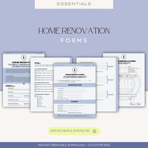Pode incluir: Um conjunto de formulários de renovação de casa, incluindo um questionário do cliente, um acordo e um recibo. Os formulários estão em um esquema de cores azul claro e branco, com as palavras "Home Renovation Forms" em destaque. O texto "Instant Digital Download" também está incluído.