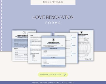 Editable Home Remodeling Essential Documents Start Pack, Home Renovation Contract Agreement Template, Home Renovation Questionnaire, Invoice