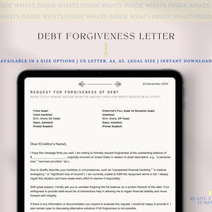 Plantilla de carta de condonación de deuda, solicitud de condonación de deuda, carta de alivio de deuda editable para eliminar deudas, carta de dificultades económicas, Canva