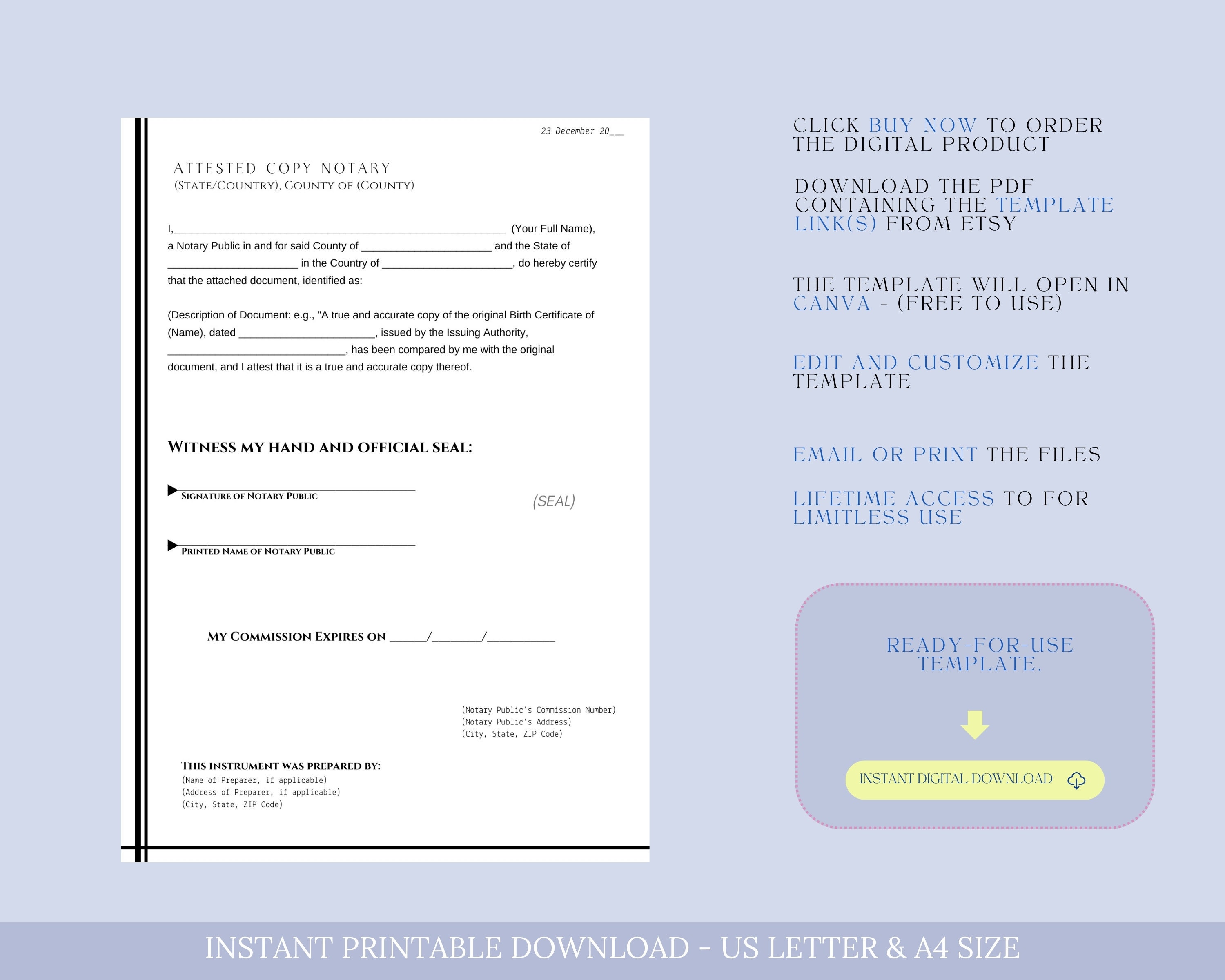 Attested Copy Notary Form Template, Notarial Certificate, Notary Public