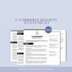 Puede incluir: Un documento imprimible en blanco y negro con el título "Declaración de seguridad de comercio electrónico" y una descripción de las medidas de seguridad tomadas para proteger la información del cliente. El documento incluye información sobre el cumplimiento de las normas de la industria, la seguridad de los datos y las prácticas de privacidad.