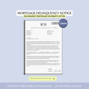 Könnte beinhalten: Eine schwarz-weiße druckbare Vorlage für eine Mitteilung über einen Hypothekenrückstand mit dem Text "Hypothekenrückstandshinweis" und "Brief über verspätete Hypothekenzahlungen" oben. Der Text "Dringend" befindet sich in einem roten Feld oben rechts im Dokument. Das Dokument ist mit "Sofortiger digitaler Download" und "Sofortiger druckbarer Download - US-Briefformat & A4-Format" gekennzeichnet.