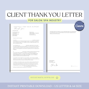Plantilla de carta de agradecimiento al cliente para salones y spas, carta de agradecimiento al cliente de spa, nota de agradecimiento al salón, agradecimiento al servicio de belleza, Canva