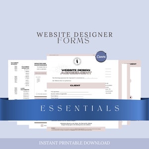 May include: Website design agreement form template with the title "Website Design Agreement" and the text "Client" in a light brown box. The form is designed to be used by website designers to outline the terms of service for their clients.
