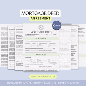 Może przedstawiać: Drukowany szablon umowy hipotecznej w kolorze zielonym i białym z tekstem "Mortgage Deed Agreement" i "Canva" na stronie. Formularz zawiera sekcje dla kredytobiorcy i kredytodawcy.
