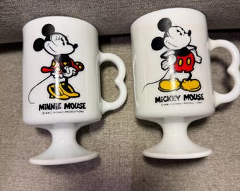 Pair of 2 Vintage Disney Mickey and Minnie Milkglass Mugs