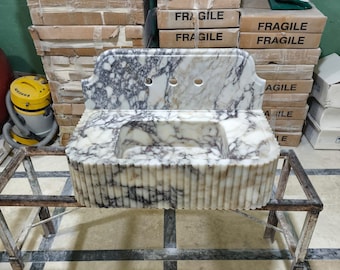 Calacatta Viola Marble Sink with Ribbed Side - Hand Carved Wall Mount Basin