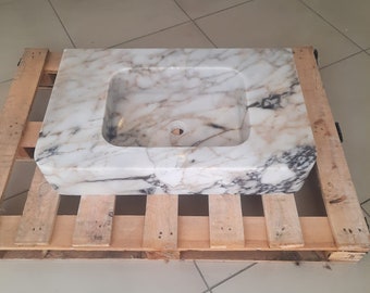 Elegantes Badezimmer Waschbecken Wandhalterung Marmor Waschbecken Marmor Badezimmer Waschbecken Pulver Raum Sink Top Naturstein Calacatta Marmor Sink Benutzerdefinierte Eitelkeit