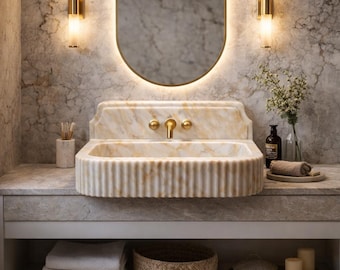 Calacatta Marble Bathroom Sink, 20 Inch Square Natural Stone Basin, Luxury Vanity Sink, Ready to Ship