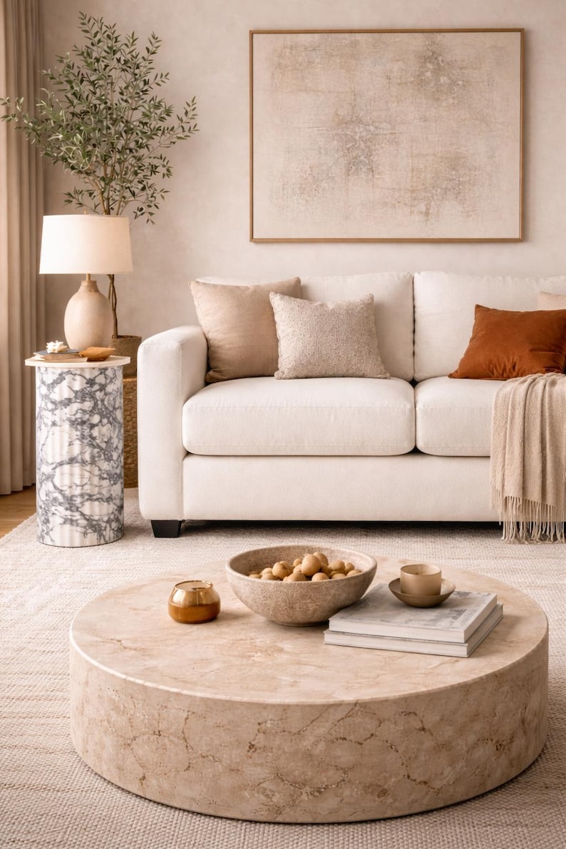 May include: A living room scene featuring a white sofa with decorative pillows in neutral tones. A round marble coffee table holds a bowl of decorative spheres, a small candle, a cup, and books. A marble side table and a framed abstract artwork complete the decor.