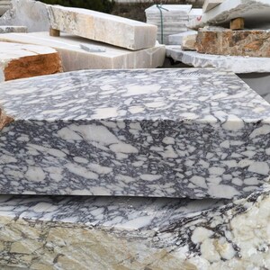 May include: A collection of marble blocks with various shapes and sizes. The foreground features a rectangular block with a striking pattern of gray veining on a white background. The side of the block has a reddish-brown hue.