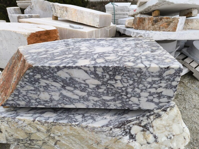 May include: A collection of marble blocks with various shapes and sizes. The foreground features a rectangular block with a striking pattern of gray veining on a white background. The side of the block has a reddish-brown hue.