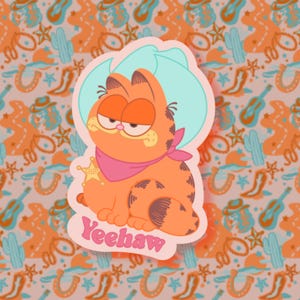May include: A cartoon orange cat wearing a pink bandana and a light blue cowboy hat with the word "Yeehaw" written in pink below it. The cat is sitting on a pink background with a western-themed pattern.
