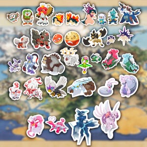 May include: A collection of colorful, die-cut stickers featuring various cartoon creatures. The stickers showcase a variety of designs, including owls, dragons, and other fantasy characters. The stickers are set against a map background.
