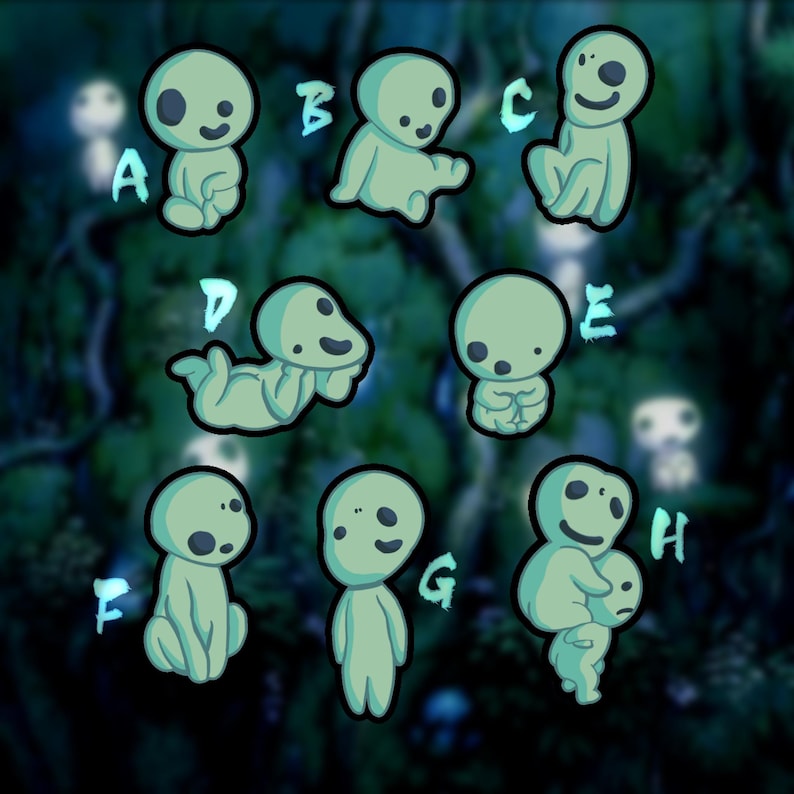 May include: Eight green cartoon characters with different expressions and poses. The characters are labeled with letters A through H.